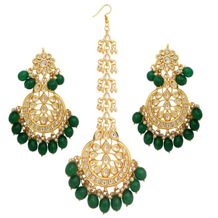 Handcrafted Kundan Earrings And Maang Tikka Jewellery Set